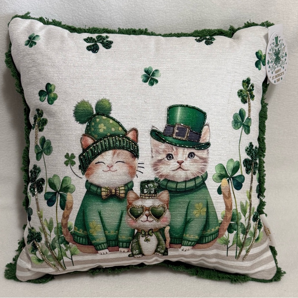 Happy St. Patrick’s Day Decorative Throw Pillow W/ Leprechaun Kitties